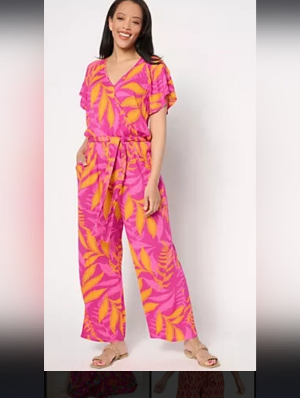 AnyBody Pink and Orange Leaf-Print V-Neck Jumpsuit